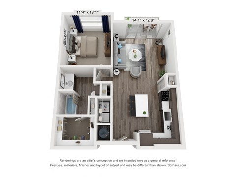 A 3D floor plan of a small apartment with a kitchen, living room, and bathroom.